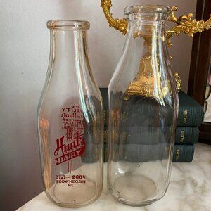 2 Vintage Glass Milk Bottles Hunt's Dairy
